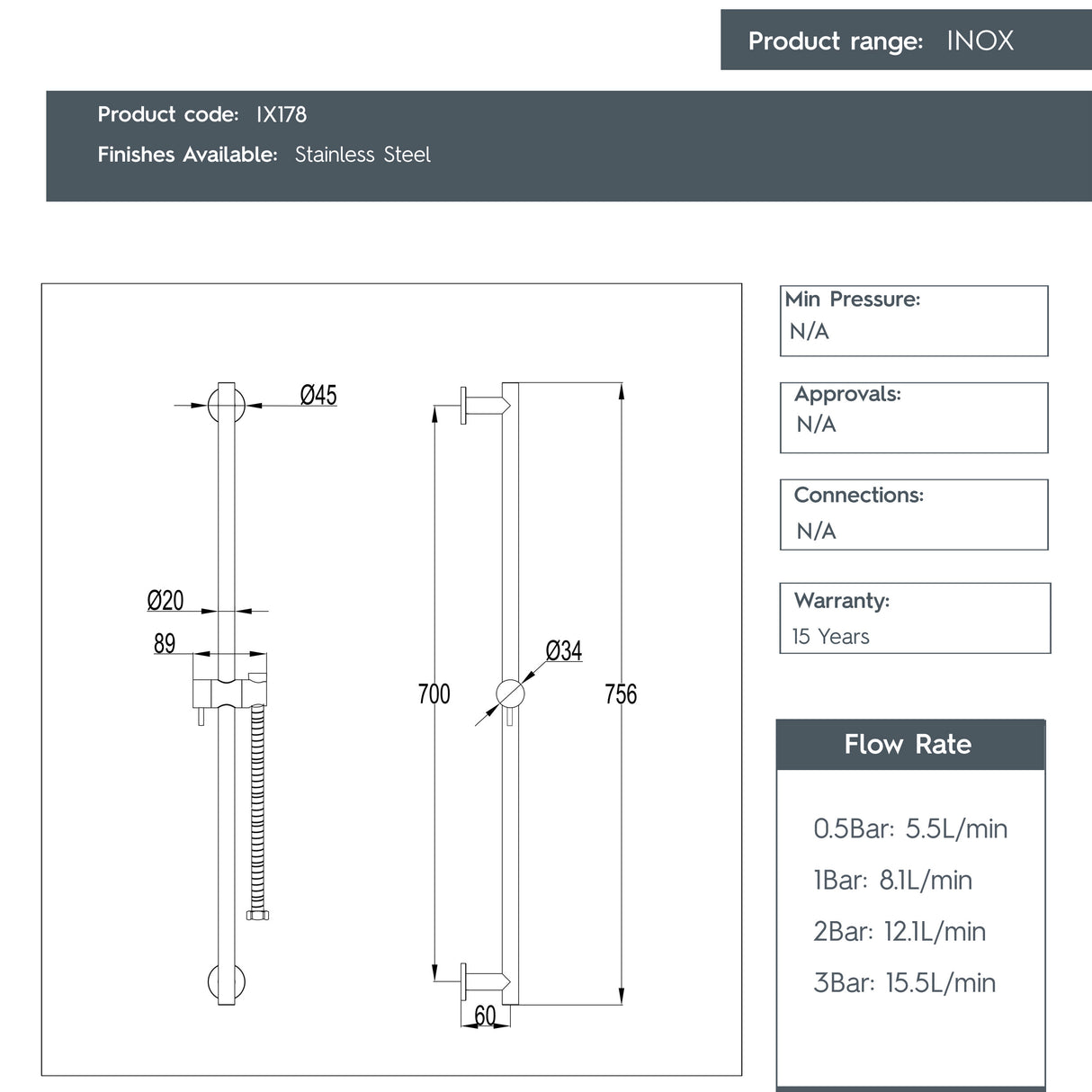 JTP INOX Stainless Steel Mixer Shower with Slider Rail Kit