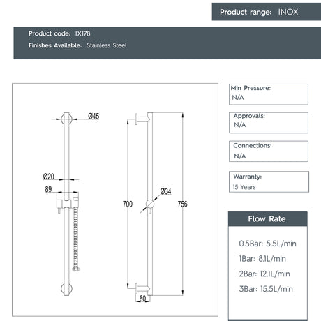 JTP INOX Stainless Steel Mixer Shower with Slider Rail Kit