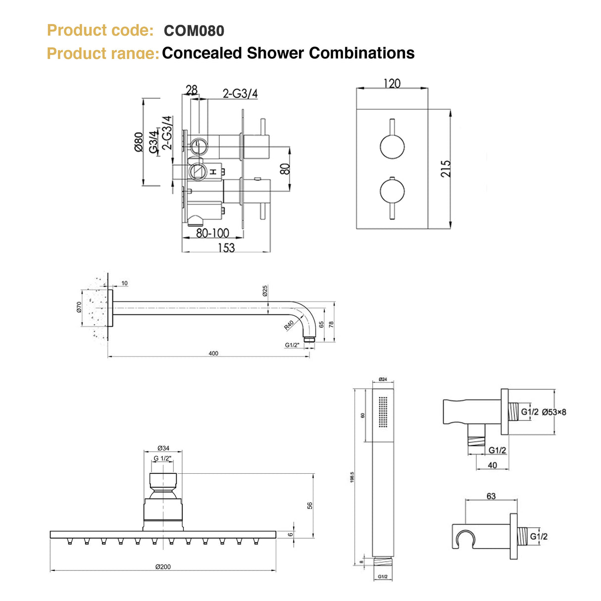 JTP INOX Stainless Steel Round Thermostat with Overhead Shower & Slim Shower Handle - 2 Controls