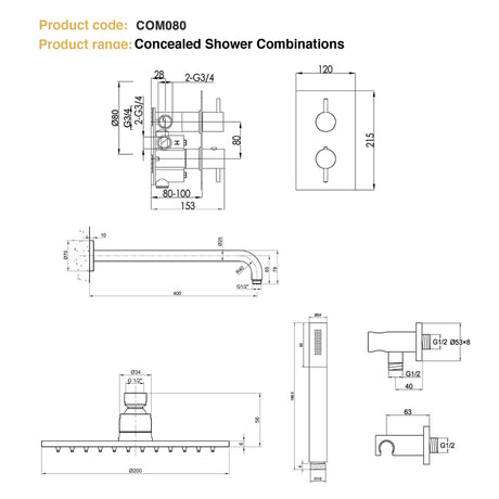 JTP INOX Stainless Steel Round Thermostat with Overhead Shower & Slim Shower Handle - 2 Controls