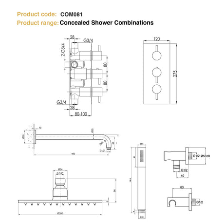JTP INOX Round Thermostat with Overhead Shower & Slim Shower Handle - 3 Controls