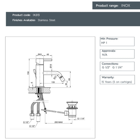 JTP INOX Stainless Steel Single Lever Bidet Mixer Tap with Pop Up Waste