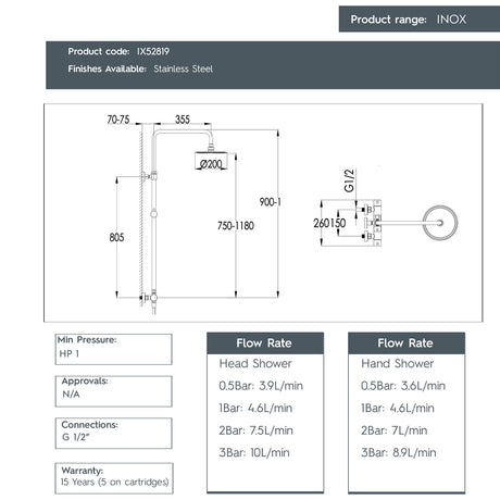JTP INOX Stainless Steel Thermostatic Mixer Shower with Riser & Overhead Kit