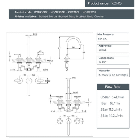 JTP KONO 3 Hole Deck Mounted Basin Mixer Tap