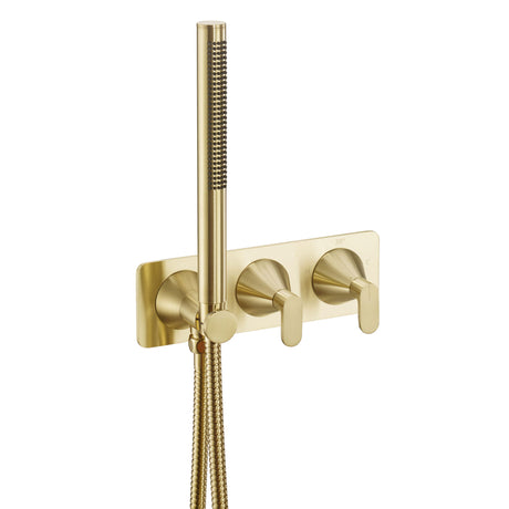 JTP KONO Brushed Brass Thermostatic Concealed 2 Outlet Shower Valve with Attached Handset