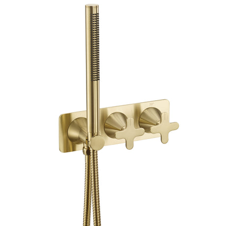 JTP KONO Brushed Brass Thermostatic Concealed 2 Outlet Shower Valve with Attached Handset