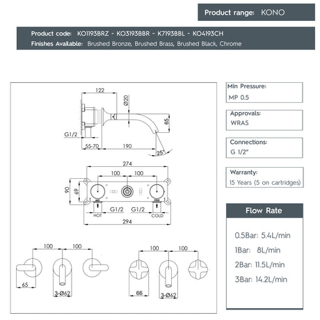 JTP KONO 3 Hole Wall Mounted Basin Mixer Tap