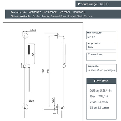 JTP KONO Slide Rail Shower Kit, Slim Shower