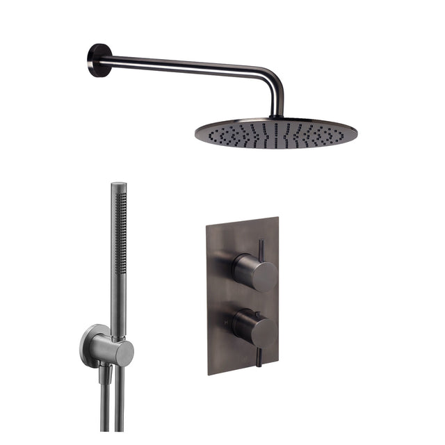 JTP VOS Brushed Black Round Thermostat with Overhead Shower & Slim Shower Handle – 2 Controls