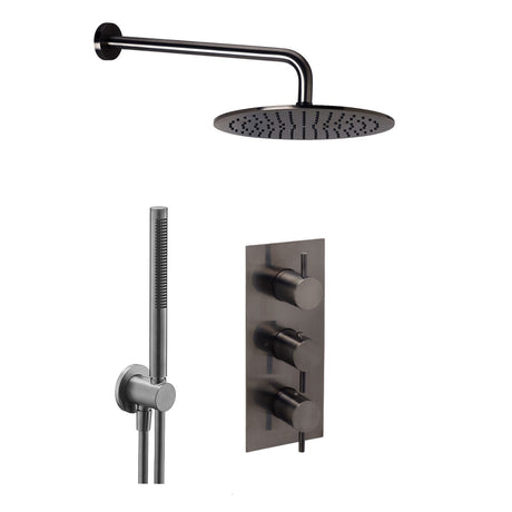 JTP VOS Brushed Black Round Thermostat with Overhead Shower & Slim Shower Handle – 3 Controls