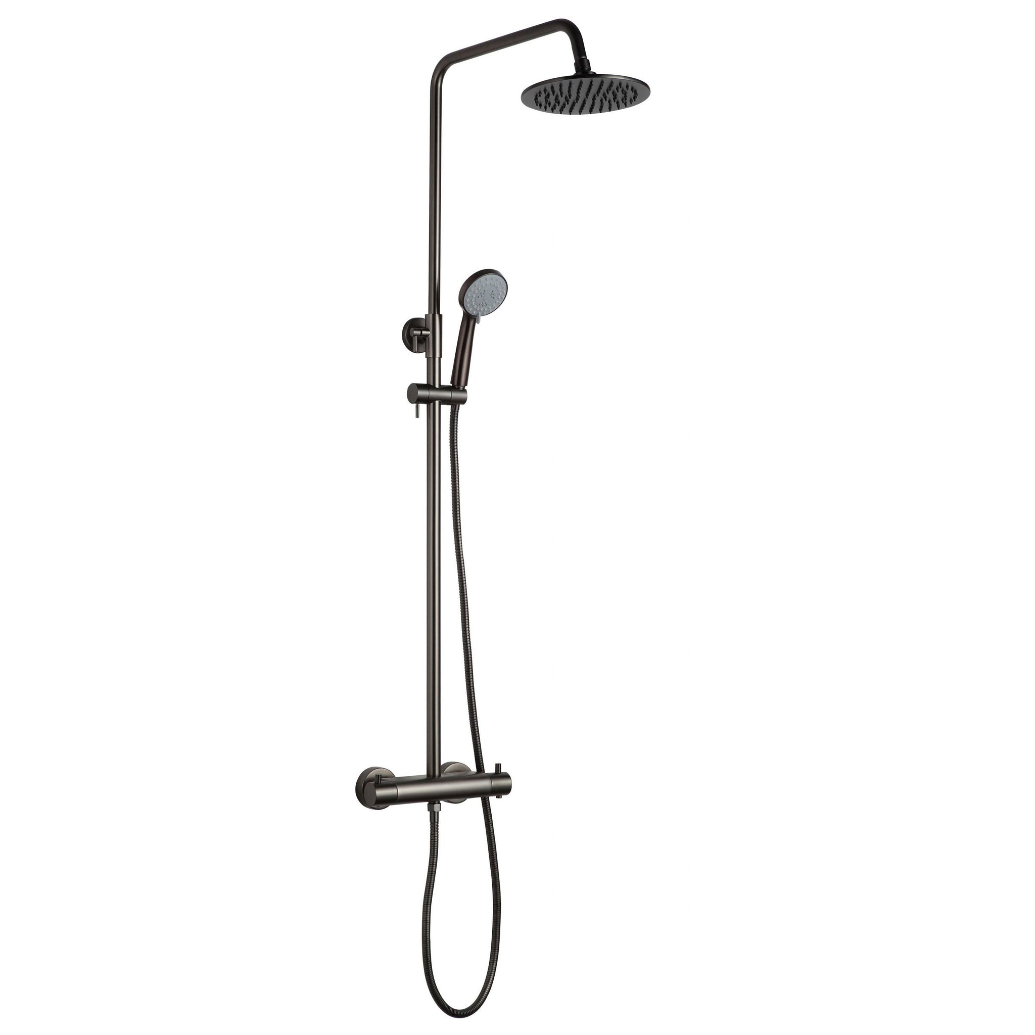 JTP VOS Brushed Black Thermostatic Bar Valve with 2 Outlets, Adjustable Riser & Multifunction Round Shower Handle