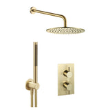 JTP VOS Brushed Brass Round Thermostat with Overhead Shower & Slim Shower Handle – 2 Controls