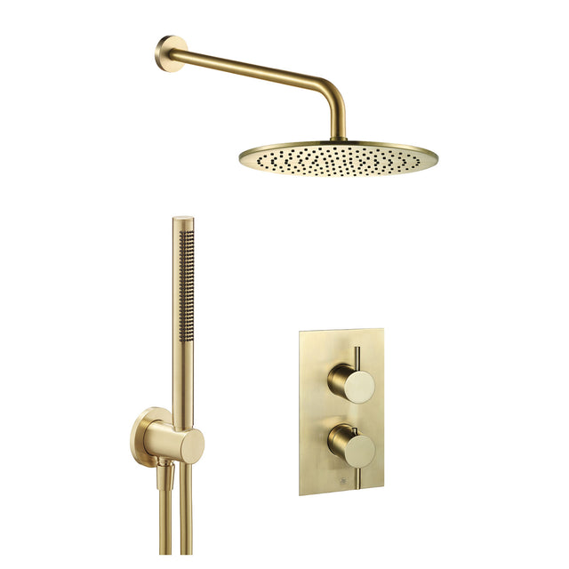 JTP VOS Brushed Brass Round Thermostat with Overhead Shower & Slim Shower Handle – 2 Controls