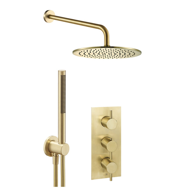 JTP VOS Brushed Brass Round Thermostat with Overhead Shower & Slim Shower Handle – 3 Controls