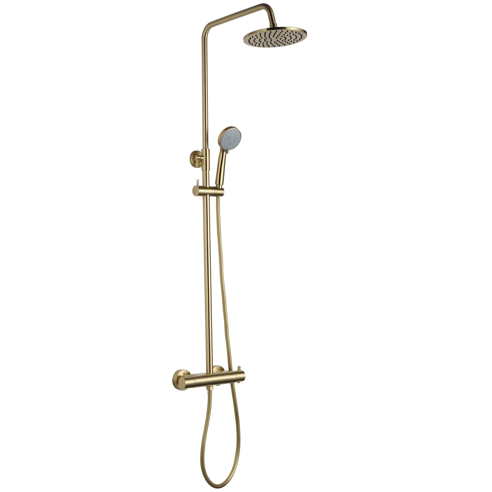JTP VOS Brushed Brass Thermostatic Bar Valve with 2 Outlets, Adjustable Riser & Multifunction Round Shower Handle