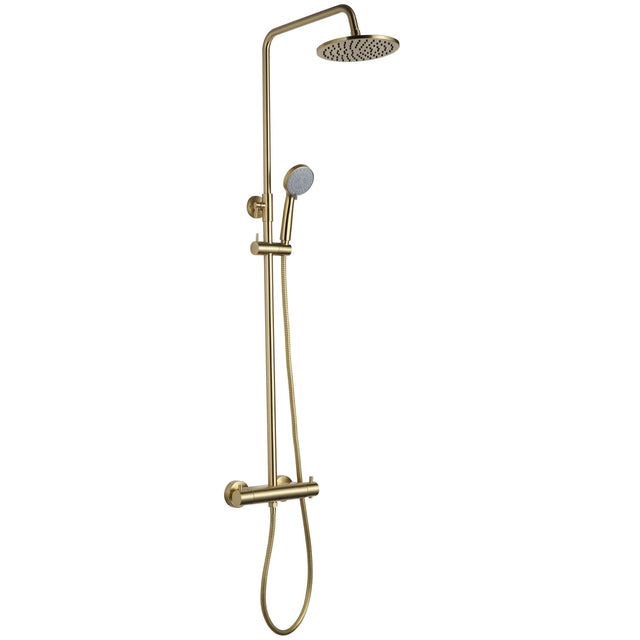 JTP VOS Brushed Brass Thermostatic Bar Valve with 2 Outlets, Adjustable Riser & Multifunction Round Shower Handle