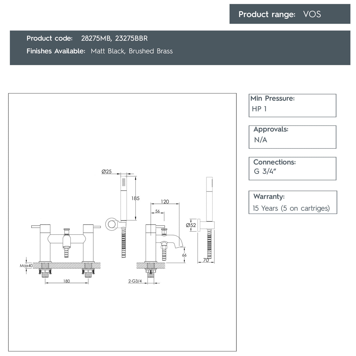 JTP VOS Bath Shower Mixer Tap