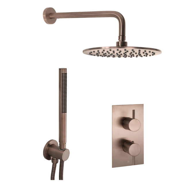 JTP VOS Brushed Bronze Round Thermostat with Overhead Shower & Slim Shower Handle – 2 Controls