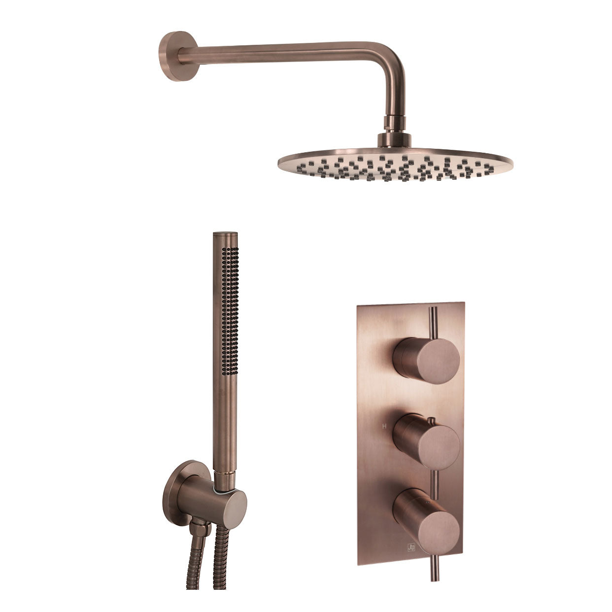 JTP VOS Brushed Bronze Round Thermostat with Overhead Shower & Slim Shower Handle – 3 Controls