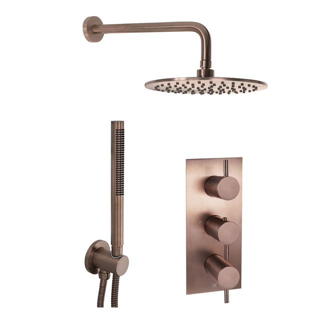 JTP VOS Brushed Bronze Round Thermostat with Overhead Shower & Slim Shower Handle – 3 Controls