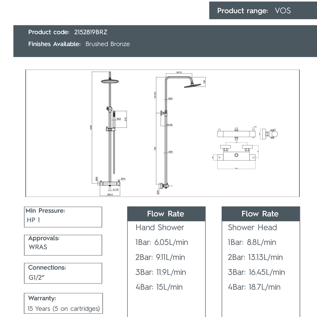 JTP VOS Thermostatic Bar Valve with 2 Outlets, Adjustable Riser & Multifunction Slim Shower Handle