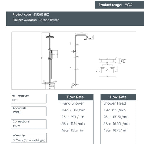 JTP VOS Thermostatic Bar Valve with 2 Outlets, Adjustable Riser & Multifunction Slim Shower Handle