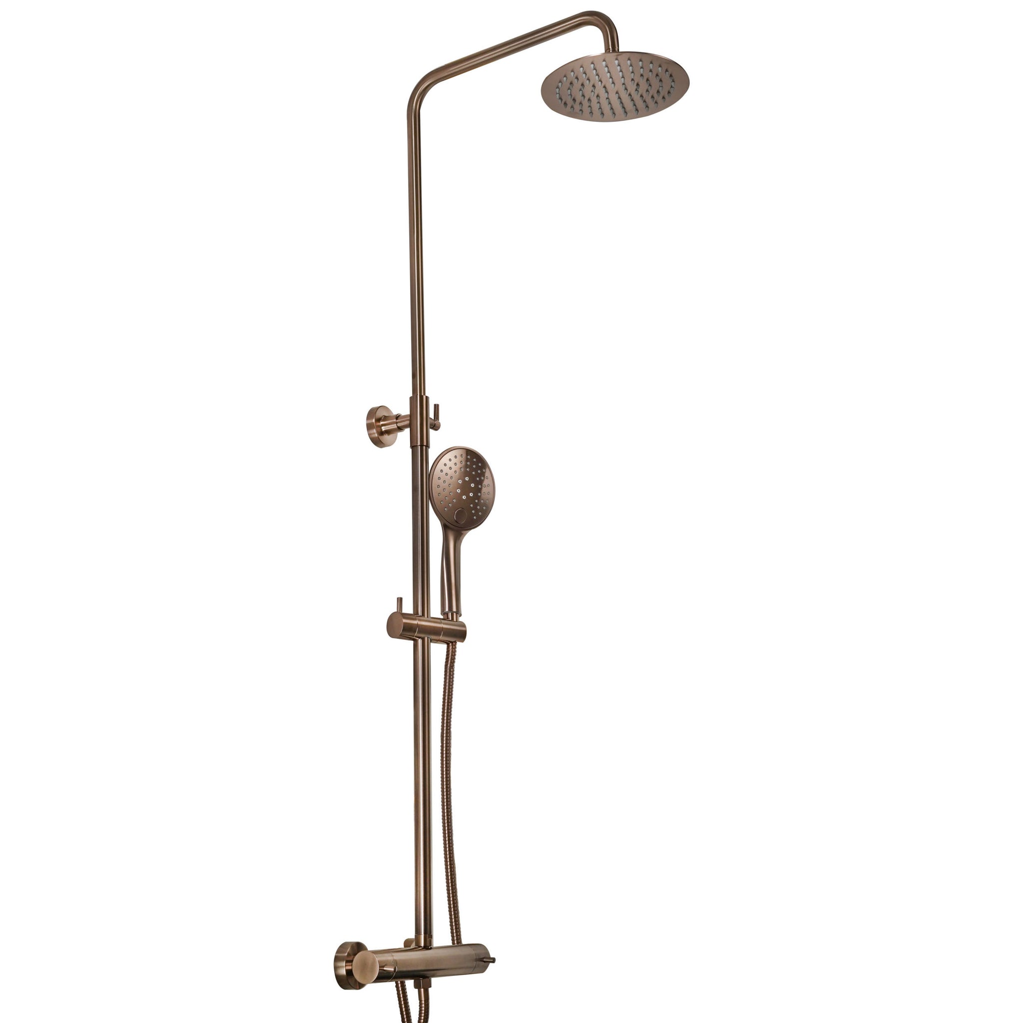 JTP VOS Brushed Bronze Thermostatic Bar Valve with 2 Outlets, Adjustable Riser & Shower Kit - Cool Touch