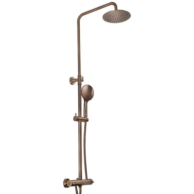 JTP VOS Brushed Bronze Thermostatic Bar Valve with 2 Outlets, Adjustable Riser & Shower Kit - Cool Touch