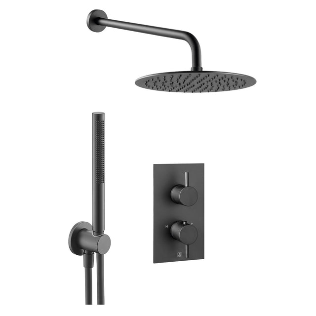 JTP VOS Matt Black Round Thermostat with Overhead Shower & Slim Shower Handle – 2 Controls