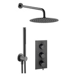 JTP VOS Matt Black Round Thermostat with Overhead Shower & Slim Shower Handle – 3 Controls