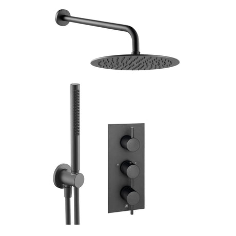 JTP VOS Matt Black Round Thermostat with Overhead Shower & Slim Shower Handle – 3 Controls