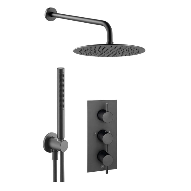 JTP VOS Matt Black Round Thermostat with Overhead Shower & Slim Shower Handle – 3 Controls