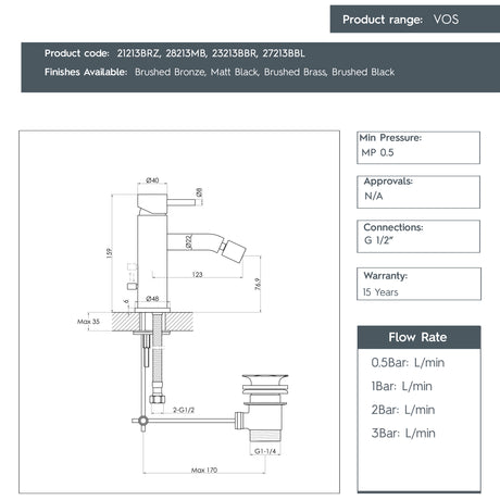 JTP VOS Single Lever Bidet Mixer Tap with Pop Up Waste