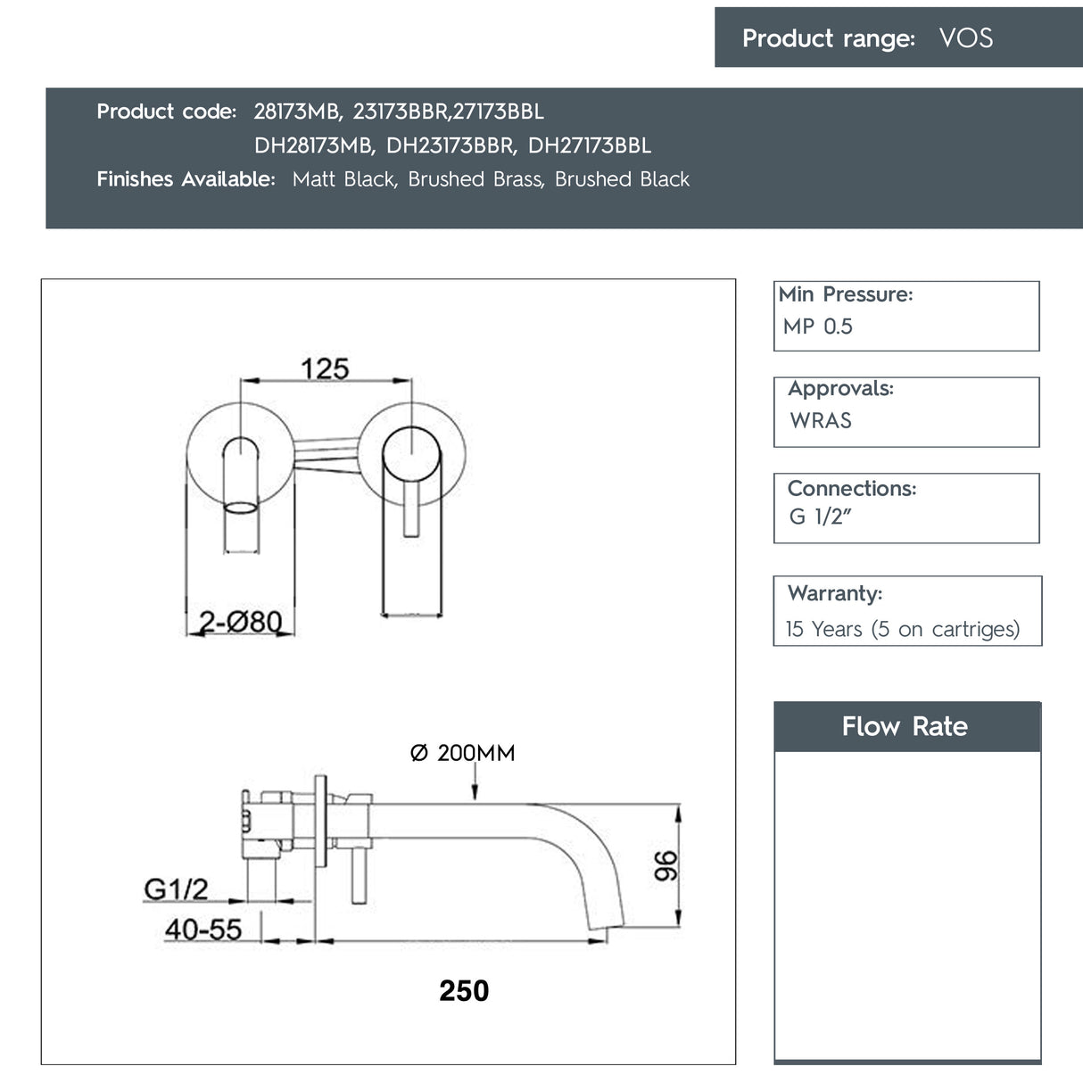 JTP VOS Single Lever Wall Mounted Basin Mixer Tap with Slim Spout, Long Projection