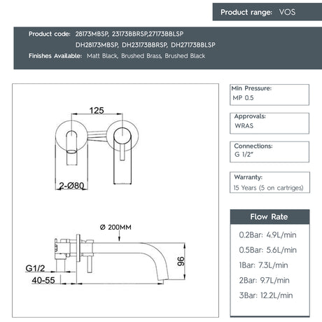 JTP VOS Single Lever Wall Mounted Basin Mixer Tap with Slim Spout, Short Projection