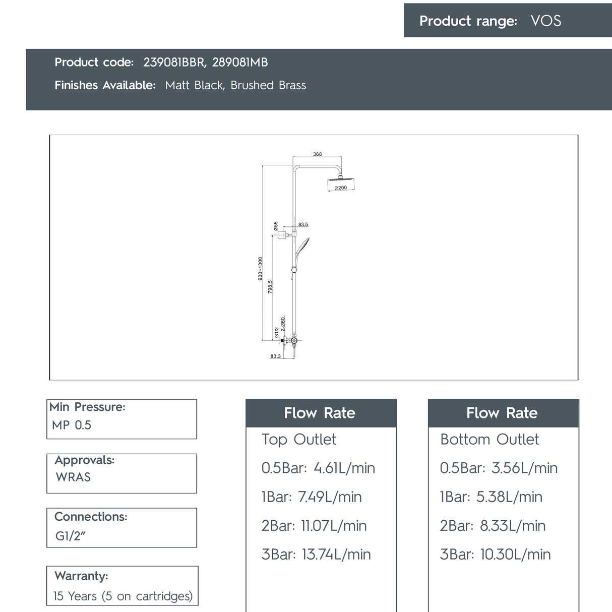 JTP VOS Thermostatic Bar Valve with 2 Outlets, Adjustable Riser & Shower Kit - Cool Touch
