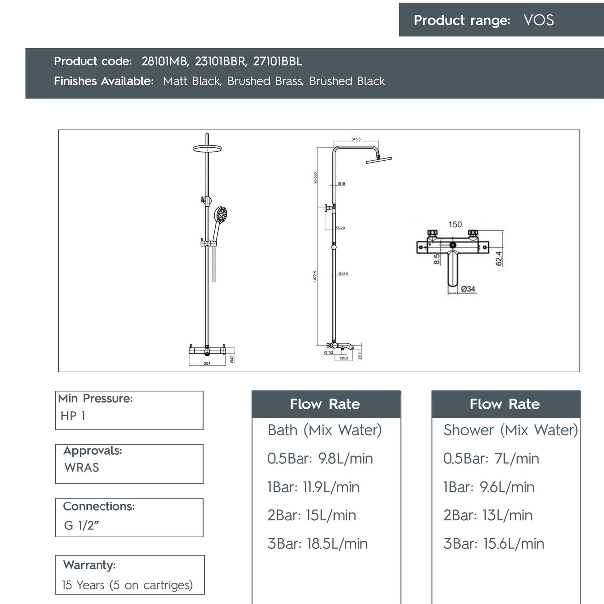 JTP VOS Thermostatic Bar Valve with 3 Outlets, Adjustable Riser & Multifunction Round Shower Handle