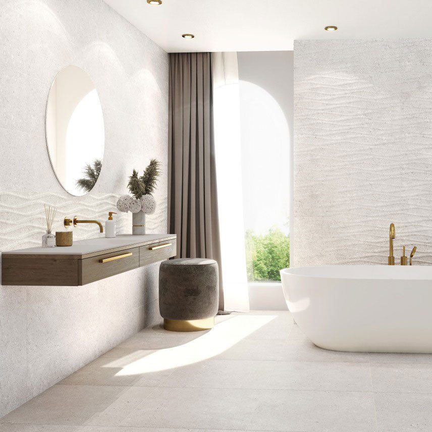 Grespania Lucena wall and floor tiles with Baena decor wall tiles in Perla colour