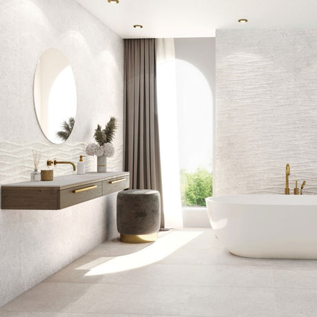 Grespania Lucena wall and floor tiles with Baena decor wall tiles in Perla colour