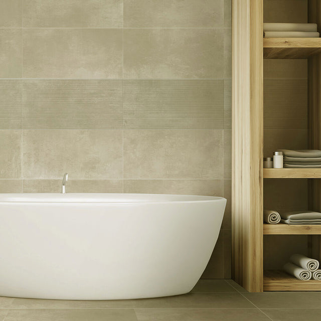 Lirena Cream (Lirena Cream Waves decor) on bathroom walls and floor