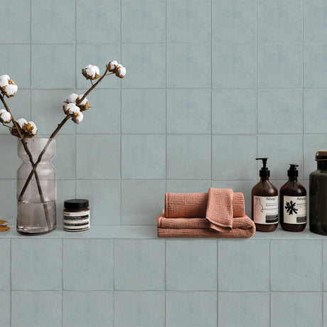 Lumen Light Blue Gloss Ceramic Wall Tiles in bathroom