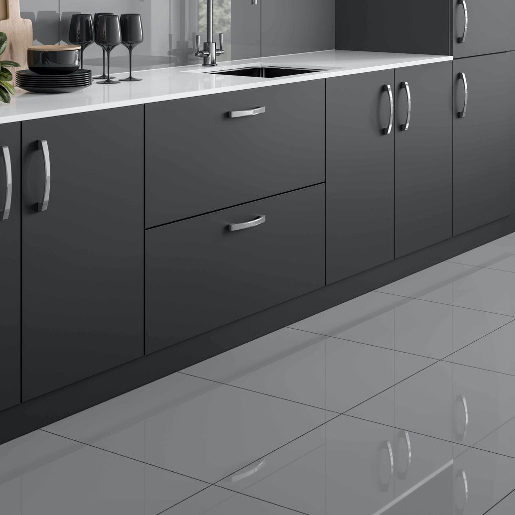 Lumina Grey Polished Porcelain Tiles on floor