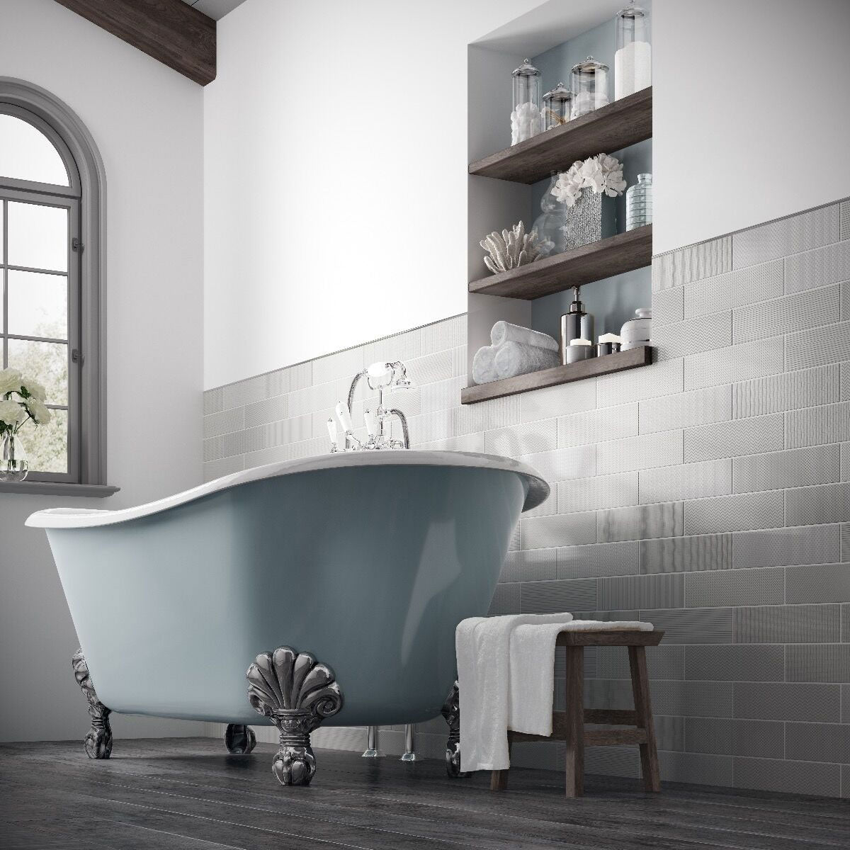 Mira Patterns Grey Gloss Ceramic Wall Tiles in a bathroom