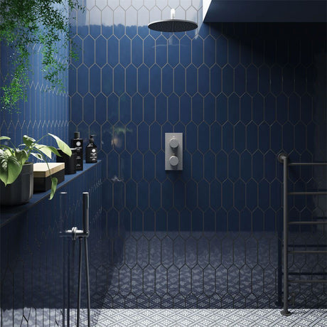 Nexa Dark Blue Gloss Ceramic Wall Tiles in Bathroom