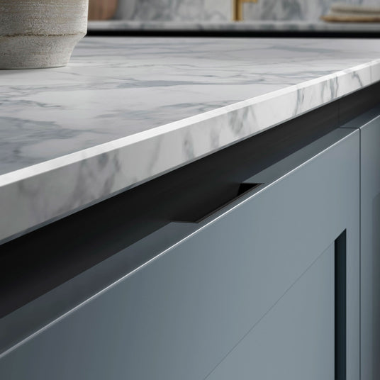 Close-up of the inset handle on the Omega Signature door in Spitfire Blue