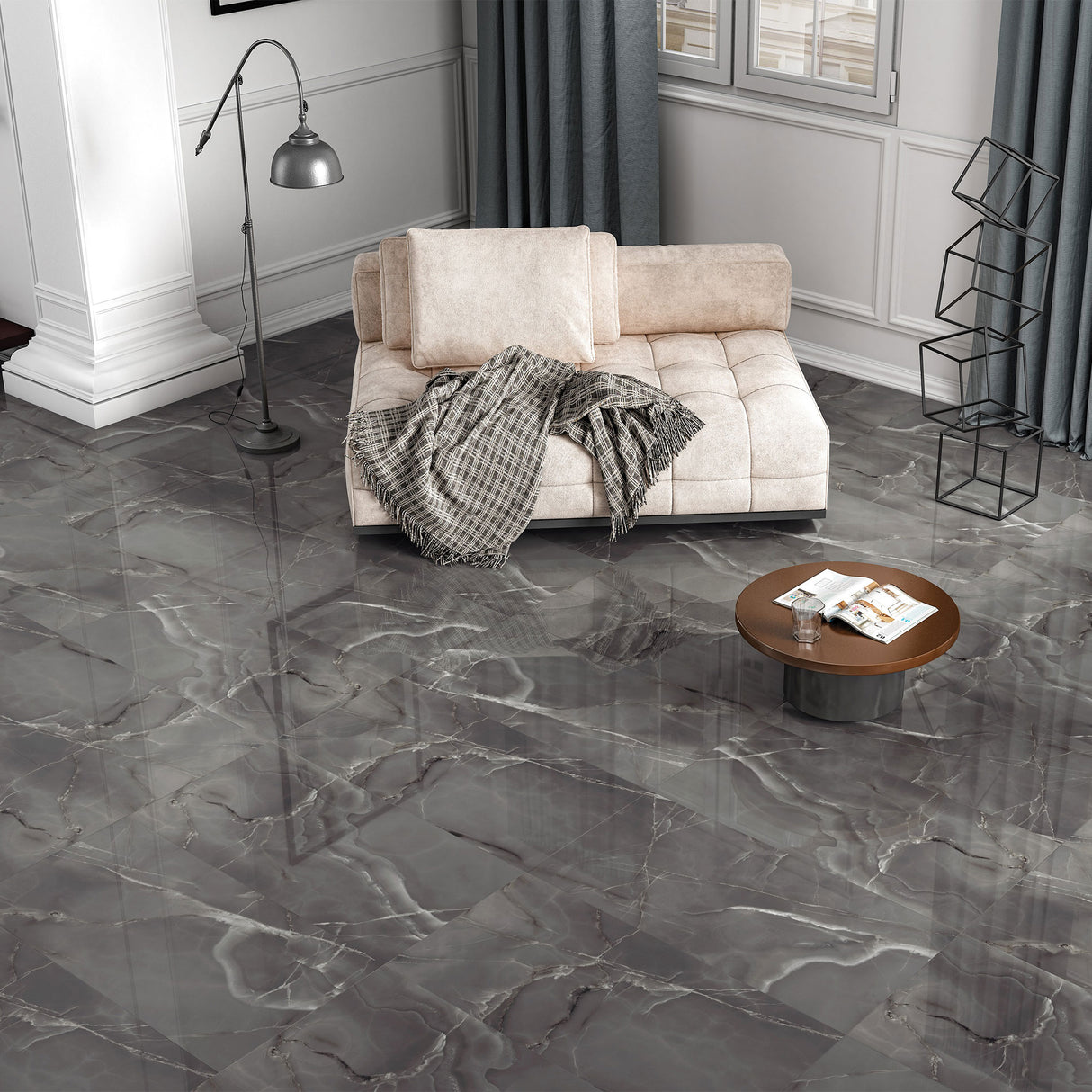 Orlena Gris tile on a living room floor