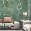 Orlena Verde marble effect tiles on living room wall