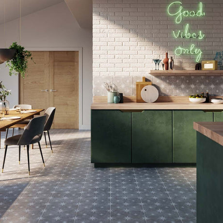 Solara Grey Patterned tiles on kitchen wall and floor