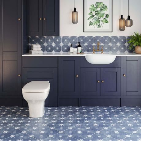 Solara Navy Blue Patterned tiles on bathroom wall and floor