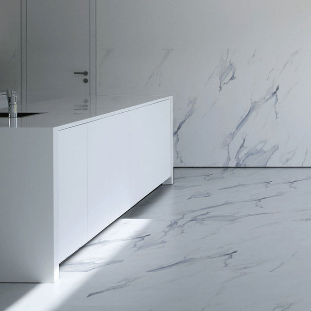 Statuario Mercury Blue tiles on wall and floor